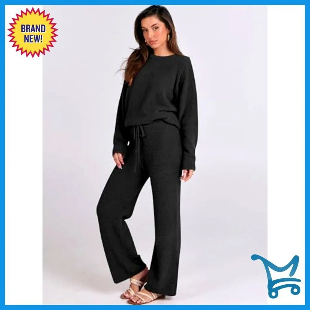 Fuzzy Fleece Pajama Set Loose Fit Lounge Wear Long Sleeve Wide Leg Pants